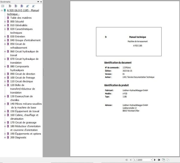 Liebherr Excavator A920 1185 Technical Manual FR 1