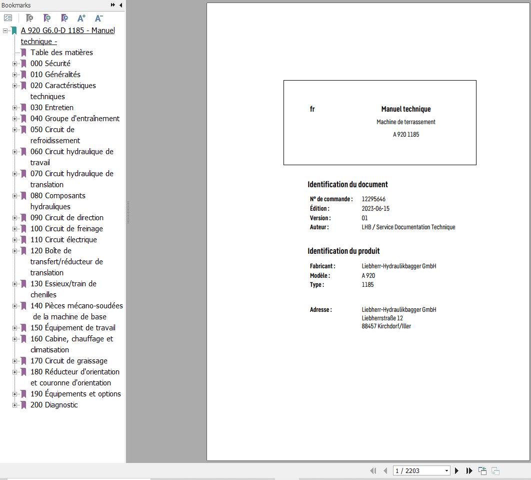 Liebherr Excavator A920 1185 Technical Manual FR 1