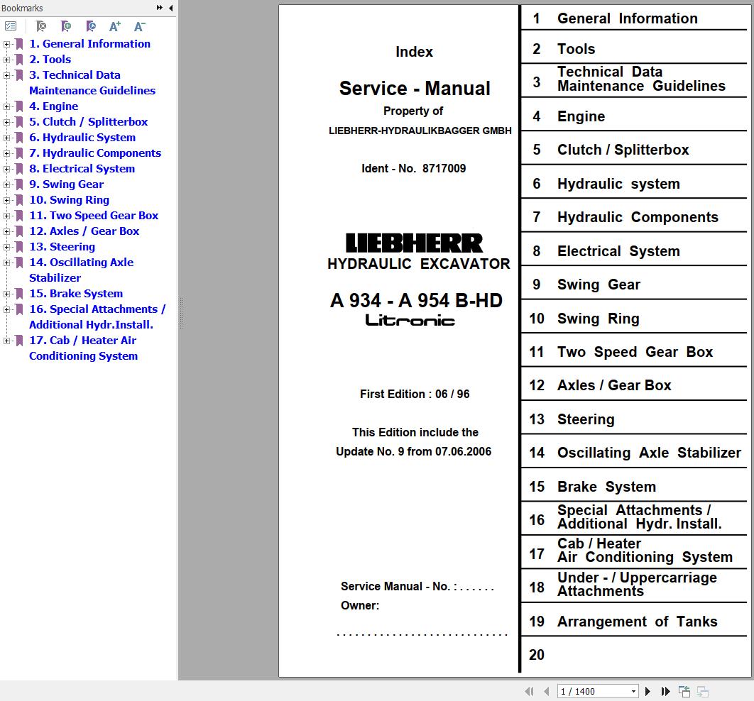 Liebherr Excavator A934 to A954 B HD Litronic Service Manual 8717009 1