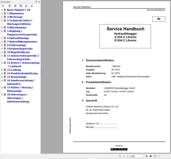 Liebherr Excavator A934C R934C Litronic Service Manual 11697233 DE 1