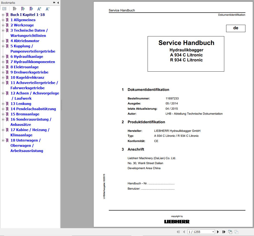 Liebherr Excavator A934C R934C Litronic Service Manual 11697233 DE 1