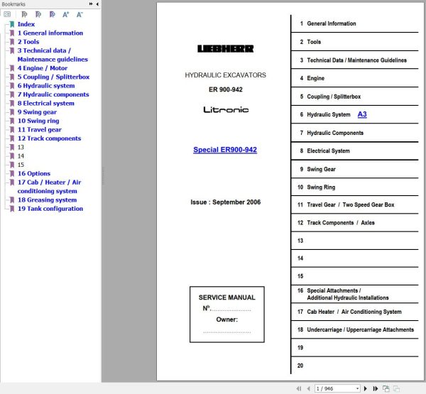 Liebherr Excavator ER 900 942 Litronic Service Manual 1