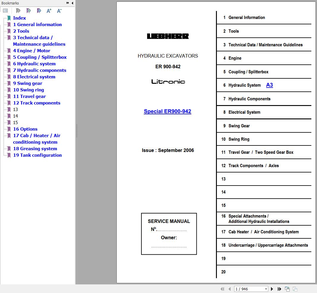 Liebherr Excavator ER 900 942 Litronic Service Manual 1