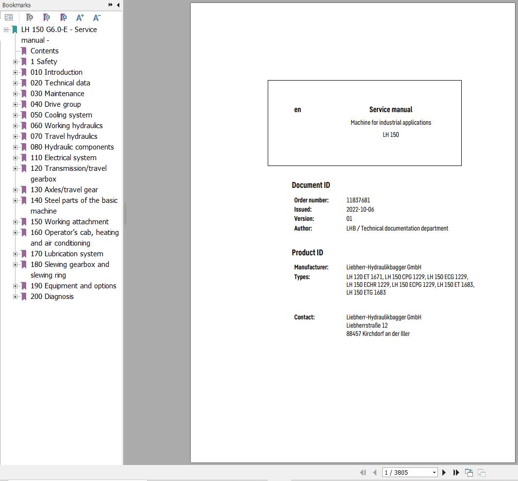 Liebherr Excavator LH 150 Service Manual 11837681 1