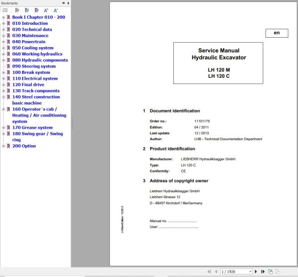 Liebherr Excavator LH120M LH120C Service Manual 11101175 1