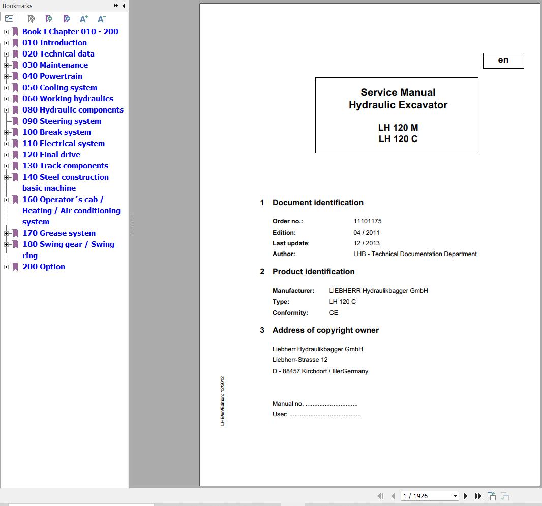 Liebherr Excavator LH120M LH120C Service Manual 11101175 1