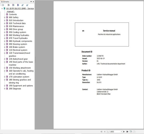 Liebherr Excavator LH18M 1840 Service Manual 12258770 1