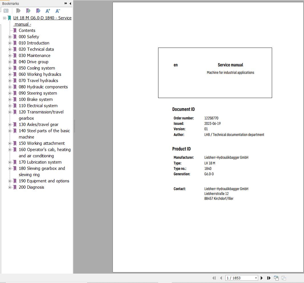 Liebherr Excavator LH18M 1840 Service Manual 12258770 1