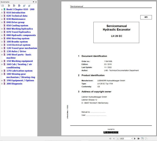 Liebherr Excavator LH26EC Service Manual 11841695 1