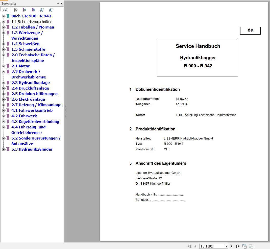 Liebherr Excavator R900 to R942 Service Manual 8716752 DE 1