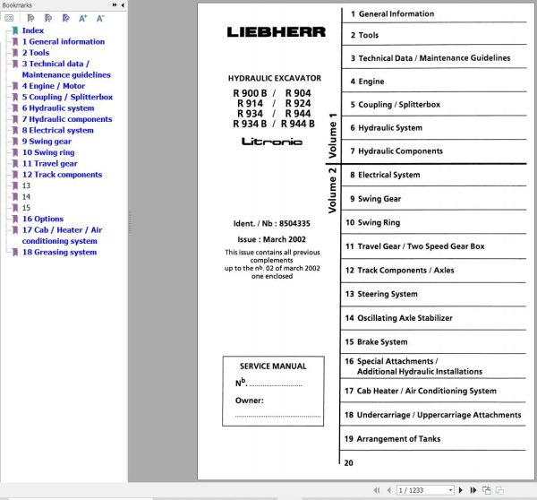Liebherr Excavator R900B to R944B Litronic Service Manual 8504335 1
