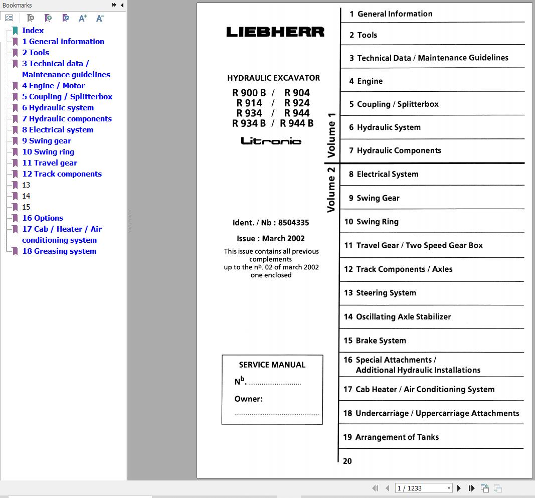 Liebherr Excavator R900B to R944B Litronic Service Manual 8504335 1