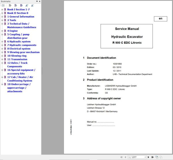 Liebherr Excavator R900C EDC Litronic Service Manual 10301850 1