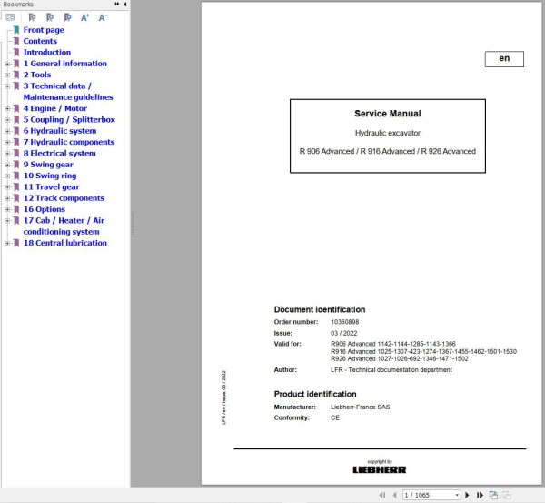 Liebherr Excavator R906 R916 R926 Advanced Service Manual 10360898 1