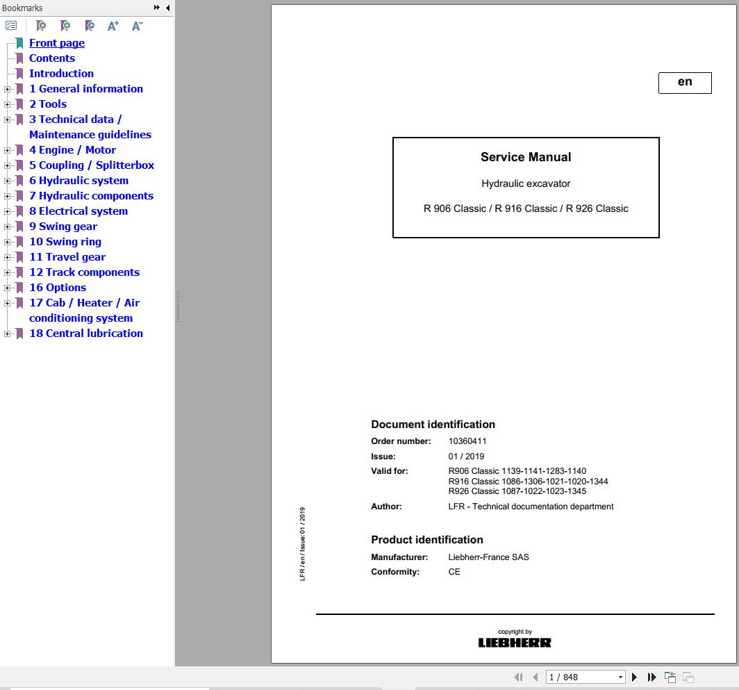 Liebherr Excavator R906 R916 R926 Classic Service Manual 10360411 1
