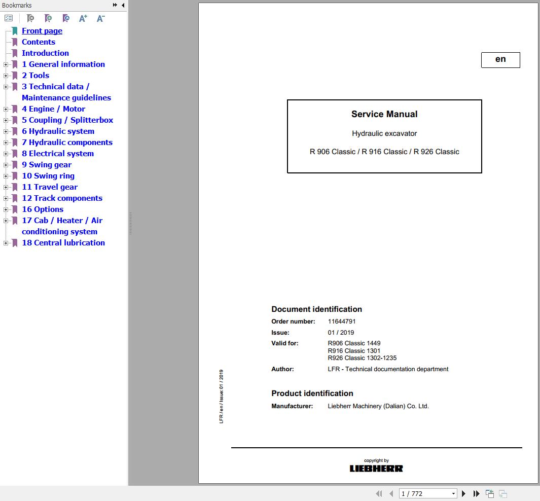 Liebherr Excavator R906 R916 R926 Classic Service Manual 11644791 1