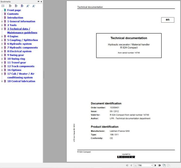 Liebherr Excavator R924 Compact Technical Manual 10359401 1