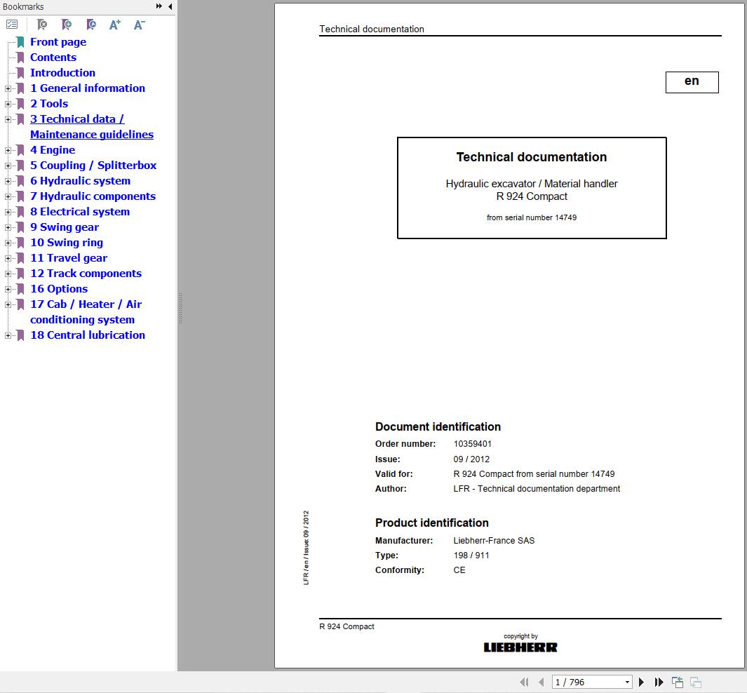 Liebherr Excavator R924 Compact Technical Manual 10359401 1
