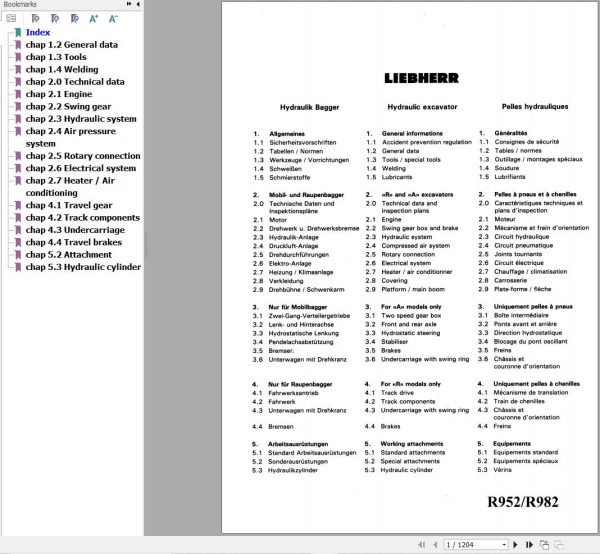 Liebherr Excavator R952 R962 R972 R982 Service Manual 1