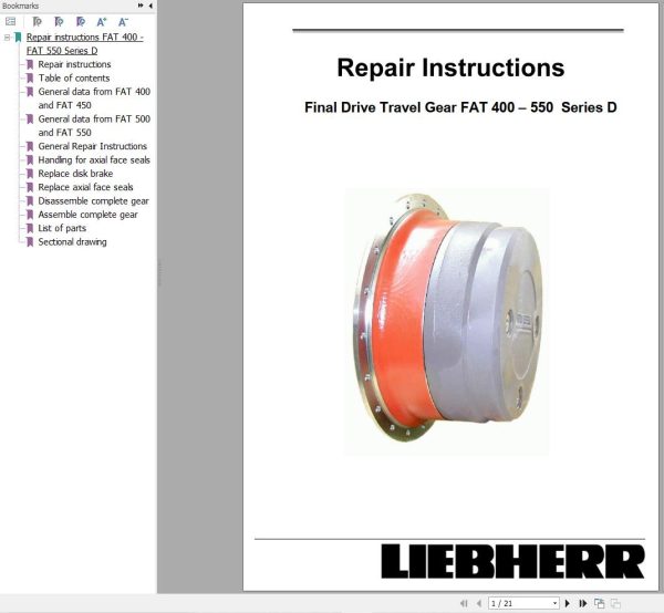 Liebherr Final Drive Travel Gear FAT400 FAT550 Repair Instructions Manual 1