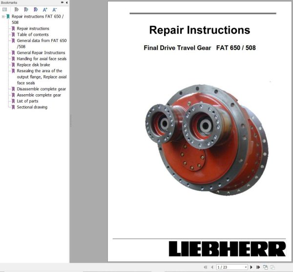 Liebherr Final Drive Travel Gear FAT650 FAT508 Repair Instructions Manual 1