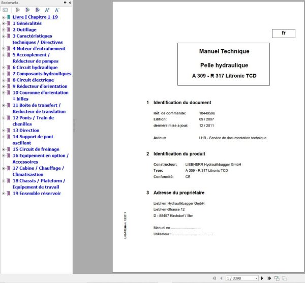 Liebherr Hydraulic Excavator A309 R317 Litronic TCD Technical Manual FR 1