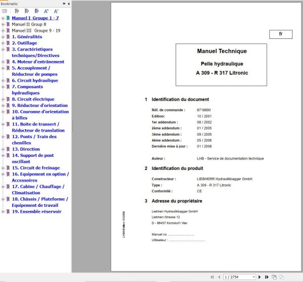 Liebherr Hydraulic Excavator A309 R317 Litronic Technical Manual FR 1