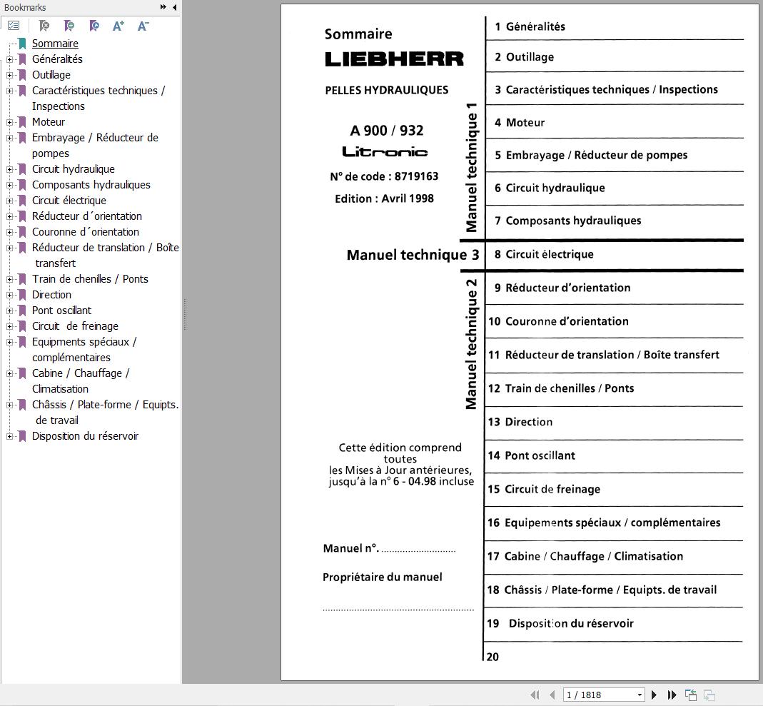 Liebherr Hydraulic Excavator A900 A932 Litronic Technical Manual FR 1