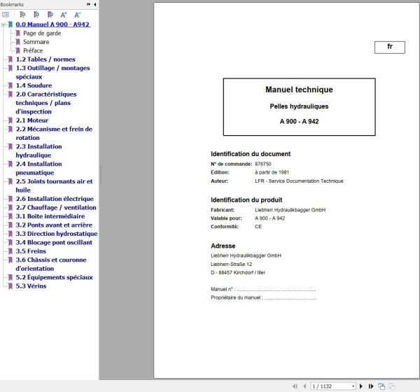 Liebherr Hydraulic Excavator A900 A942 Technical Manual FR 1
