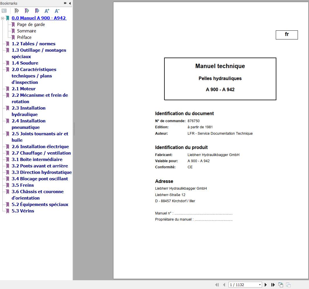 Liebherr Hydraulic Excavator A900 A942 Technical Manual FR 1