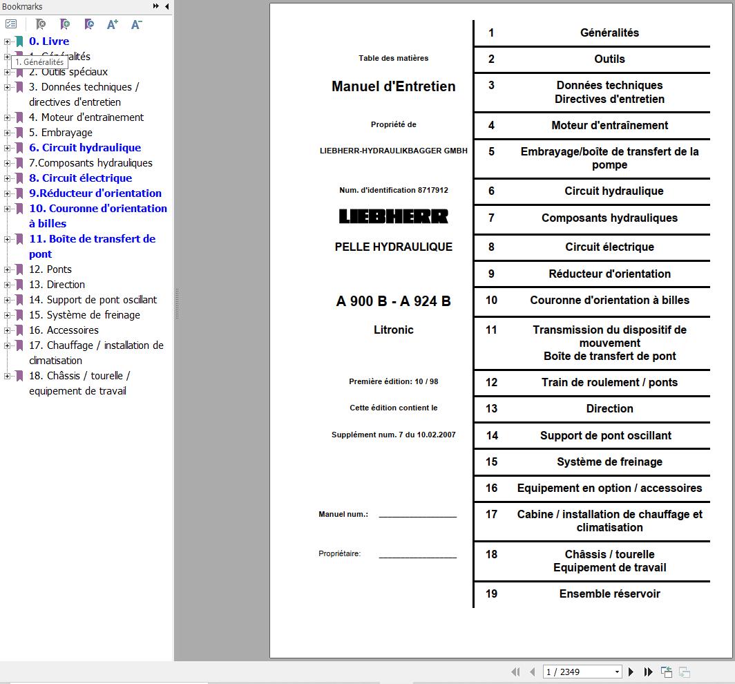 Liebherr Hydraulic Excavator A900B A924B Litronic Maintenance Manual FR 1