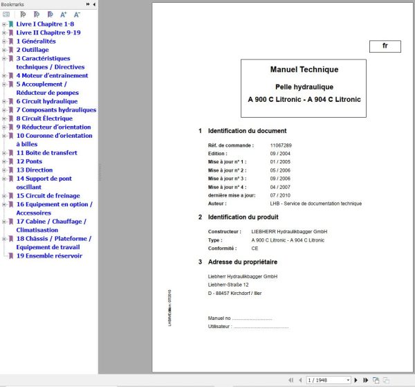 Liebherr Hydraulic Excavator A900C A904C Litronic Technical Manual FR 1