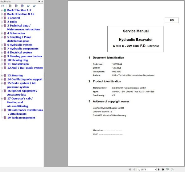 Liebherr Hydraulic Excavator A900C ZW EDC F.D. Litronic Service Manual 1