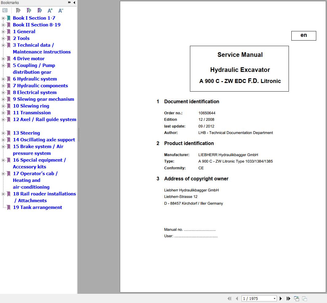 Liebherr Hydraulic Excavator A900C ZW EDC F.D. Litronic Service Manual 1