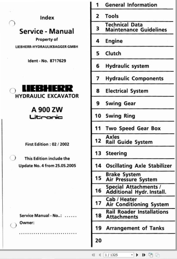 Liebherr Hydraulic Excavator A900ZW Litronic Service Manual 1