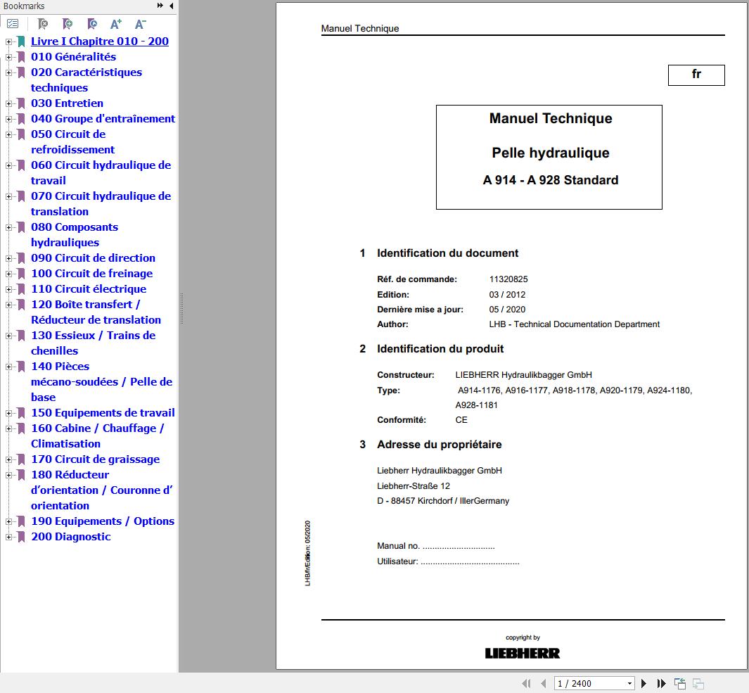 Liebherr Hydraulic Excavator A914 A928 Standard Technical Manual FR 1