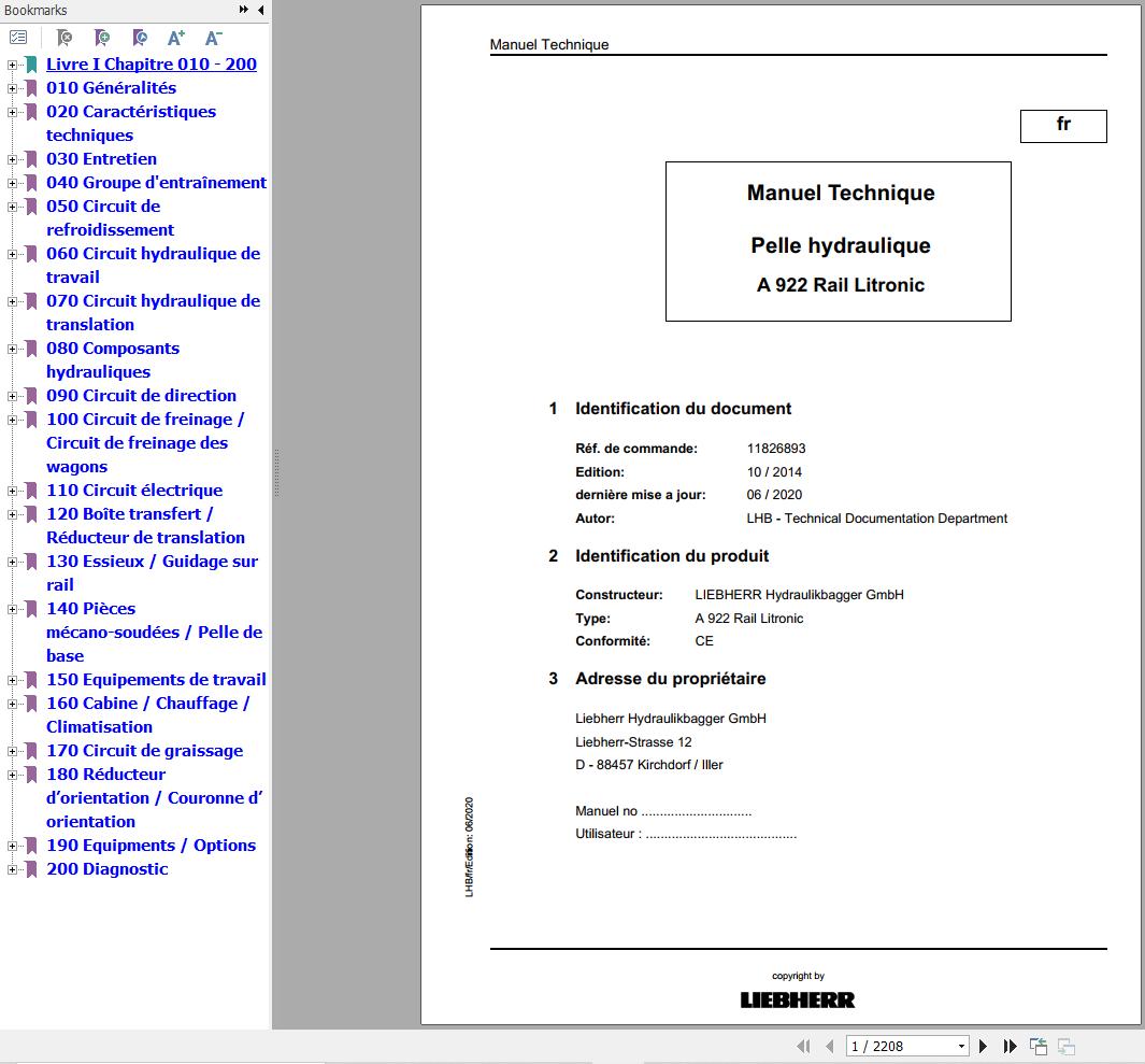 Liebherr Hydraulic Excavator A922 Rail Litronic Technical Manual FR 1