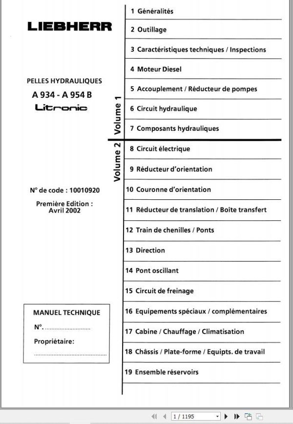 Liebherr Hydraulic Excavator A934 A954B Technical Manual FR 1