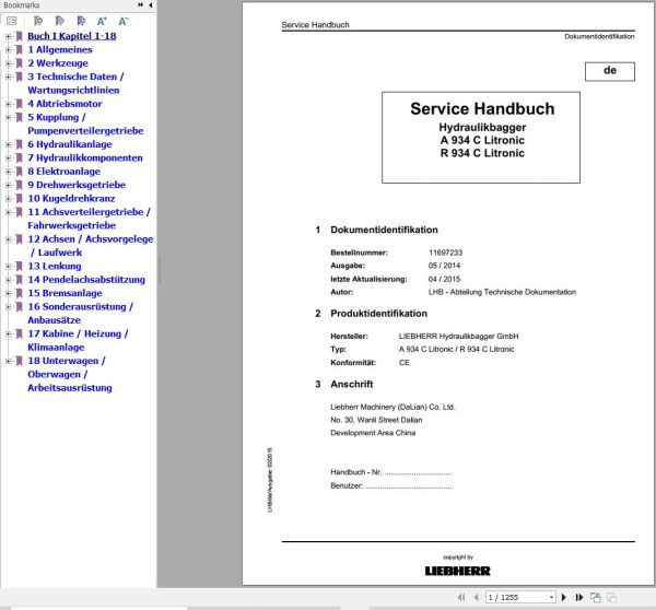 Liebherr Hydraulic Excavator A934C R934C Litronic Service Manual DE 1