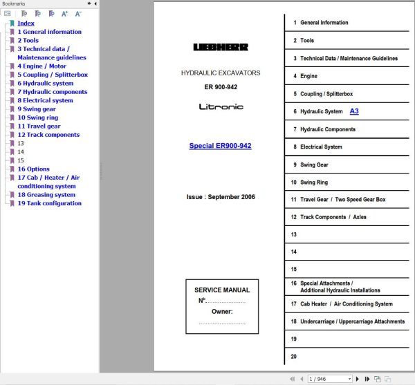 Liebherr Hydraulic Excavator ER900 ER942 Litronic Service Manual 1