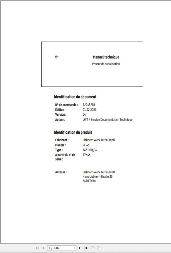 Liebherr Pipe Layer RL46 1631 00 G6 Technical Manual FR 1