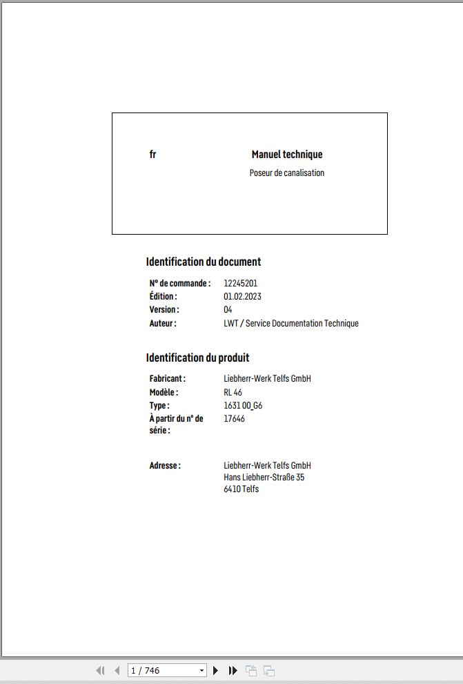Liebherr Pipe Layer RL46 1631 00 G6 Technical Manual FR 1