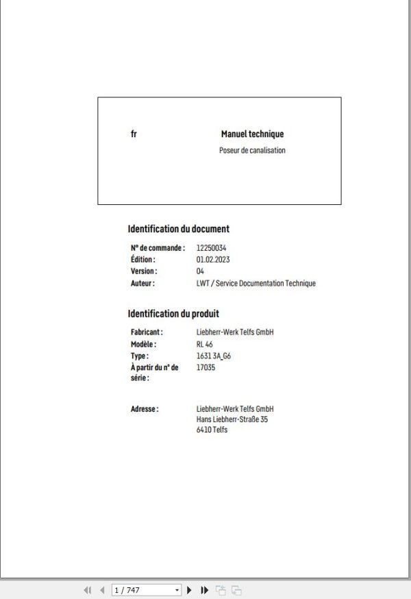 Liebherr Pipe Layer RL46 1631 3A G6 Technical Manual FR 1