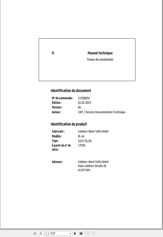 Liebherr Pipe Layer RL46 1631 3A G6 Technical Manual FR 1
