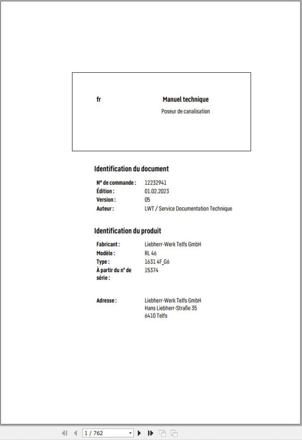 Liebherr Pipe Layer RL46 1631 4F G6 Technical Manual FR 1