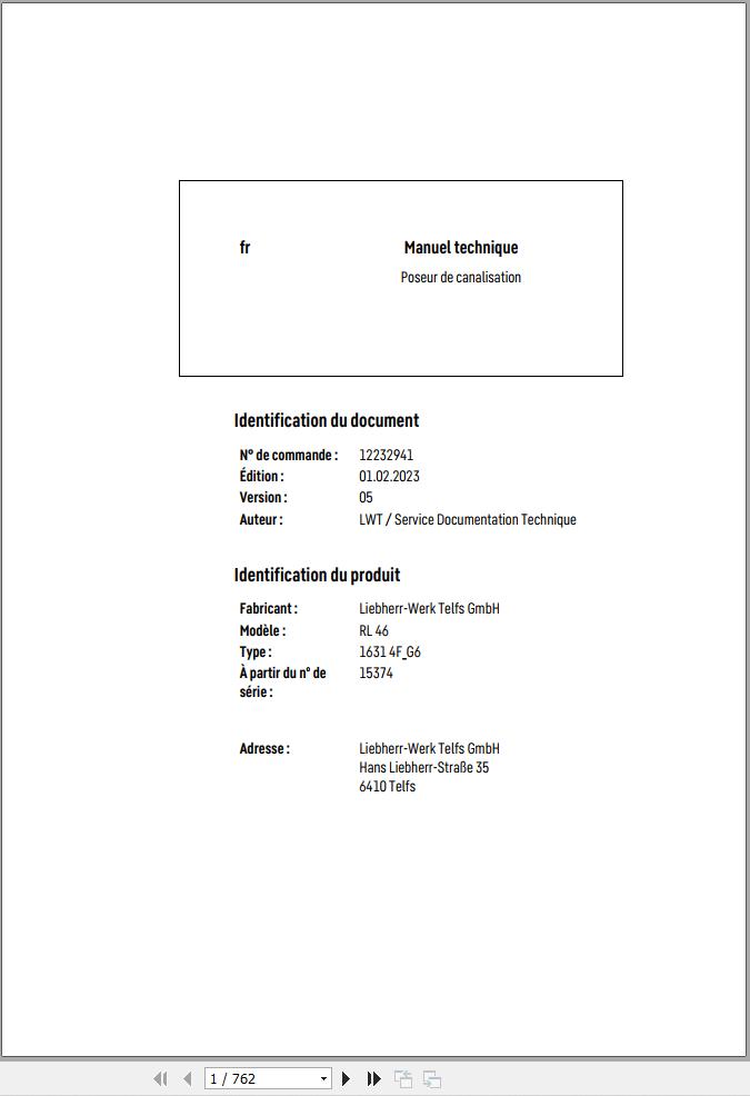 Liebherr Pipe Layer RL46 1631 4F G6 Technical Manual FR 1