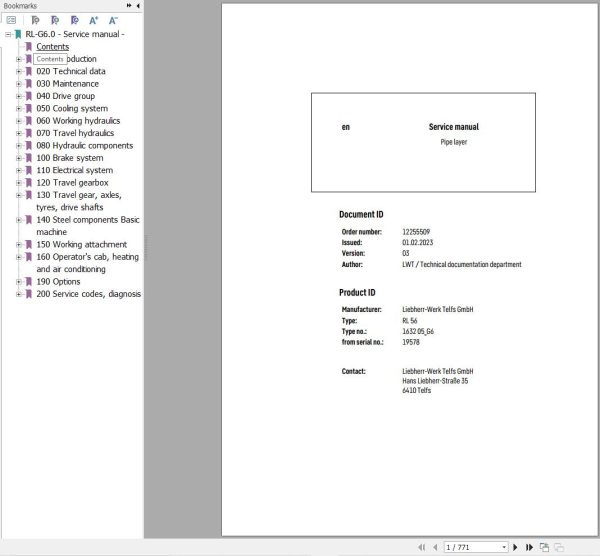 Liebherr Pipe Layer RL56 1632 05 G6 Service Manual 12255509 1