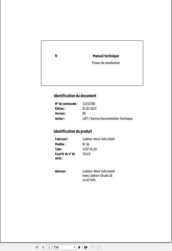 Liebherr Pipe Layer RL56 1632 3A G6 Technical Manual FR 1