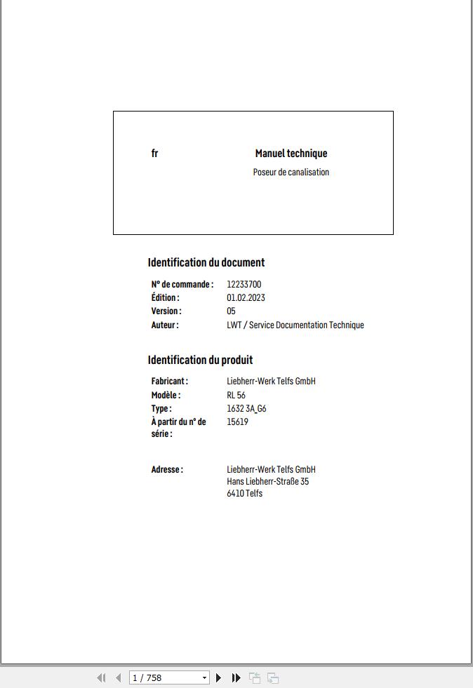 Liebherr Pipe Layer RL56 1632 3A G6 Technical Manual FR 1