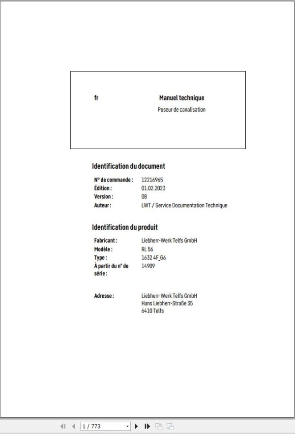 Liebherr Pipe Layer RL56 1632 4F G6 Technical Manual FR 1